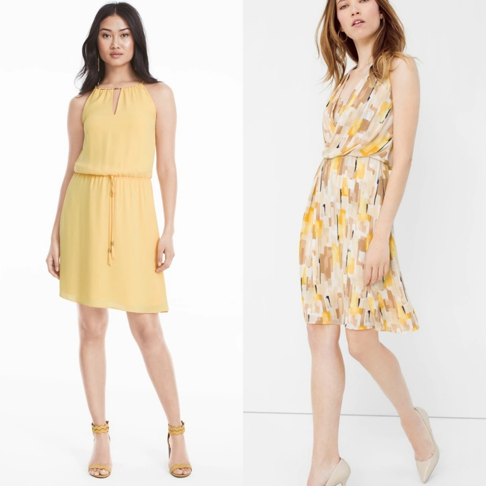 Lot WHBM Printed Suplice Dress and Sleeveless Tie-Waist Yellow Blouson Dress